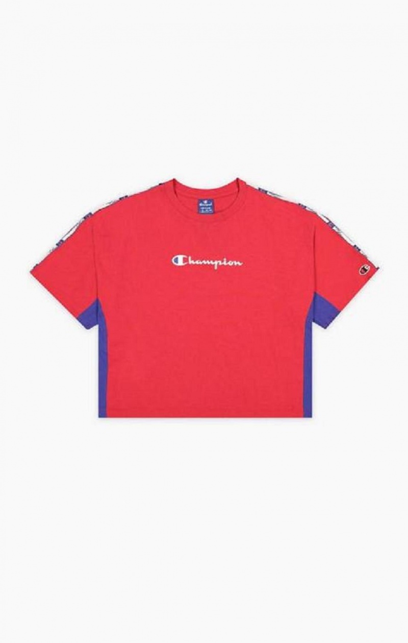 Champion Colour Block Jacquard Logo Tape T-Shirt Tricko Damske Červené | 6847-NQZDY