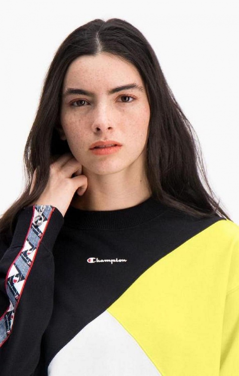 Champion Colour Block Logo Tape Sweatshirt Mikiny Damske Čierne Biele | 7493-NUQXP