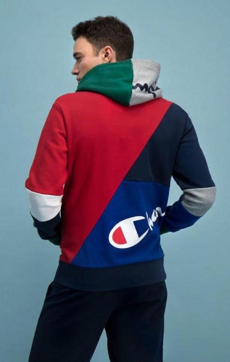 Champion Colour Block Patchwork Hoodie Mikina s Kapucnou Panske Červené | 5248-QLKMI