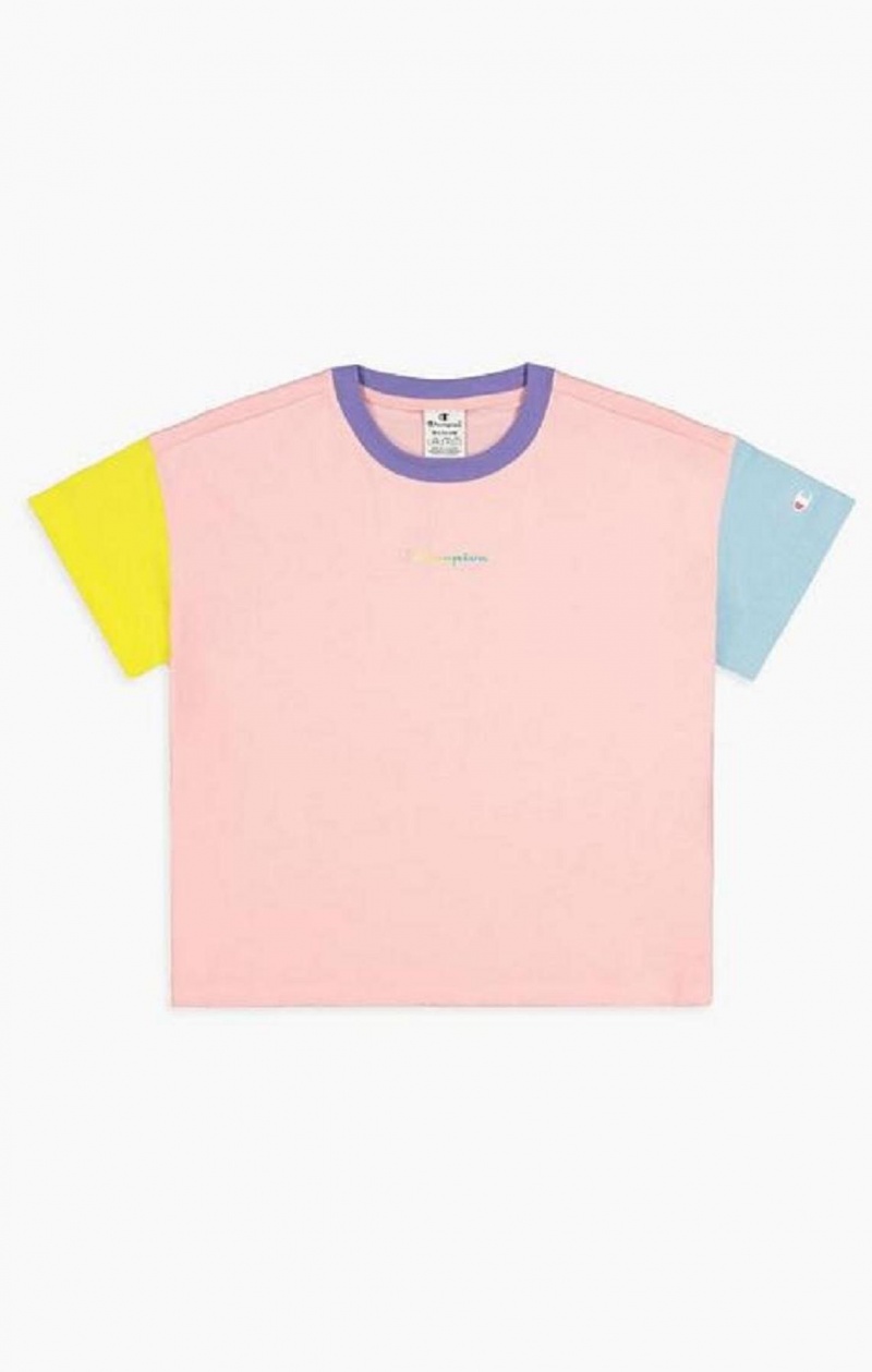 Champion Colour Block Rainbow Script Logo T-Shirt Tricko Damske Ruzove | 4862-KYSUE