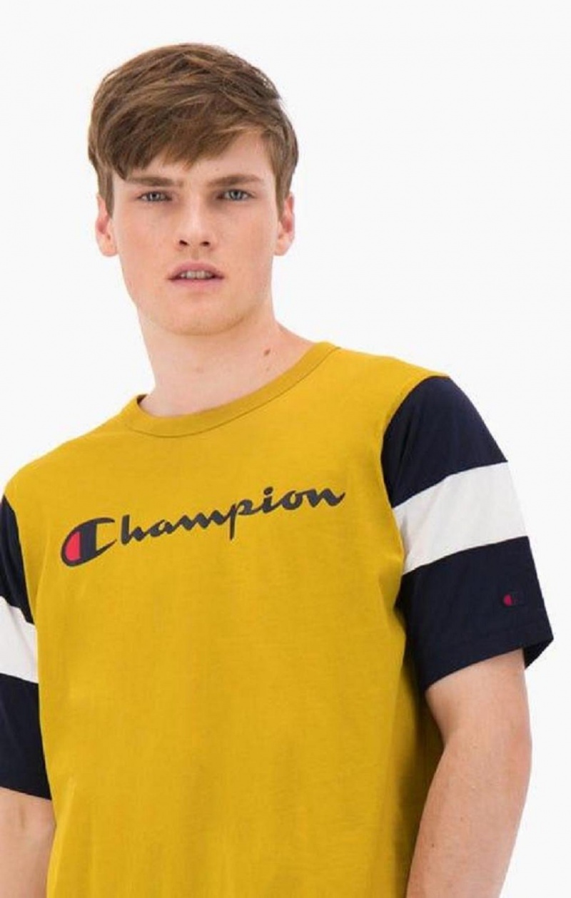 Champion Colour Block Script Logo T-Shirt Tricko Panske Zlate | 3810-LHUWZ