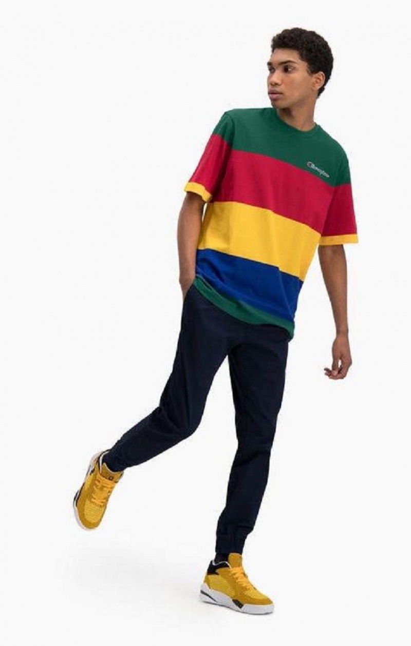 Champion Colour Block Stripe T-Shirt Tricko Panske Zelene Červené Žlté | 0562-KFQYO