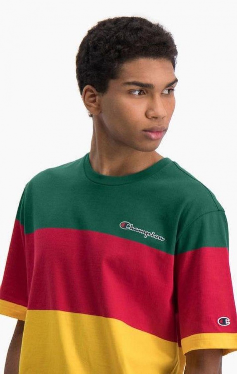 Champion Colour Block Stripe T-Shirt Tricko Panske Zelene Červené Žlté | 0562-KFQYO