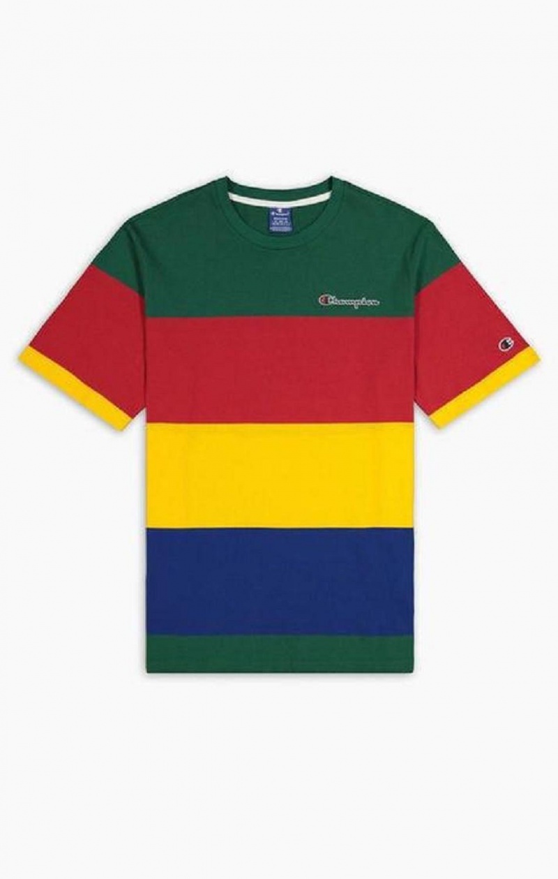 Champion Colour Block Stripe T-Shirt Tricko Panske Zelene Červené Žlté | 0562-KFQYO