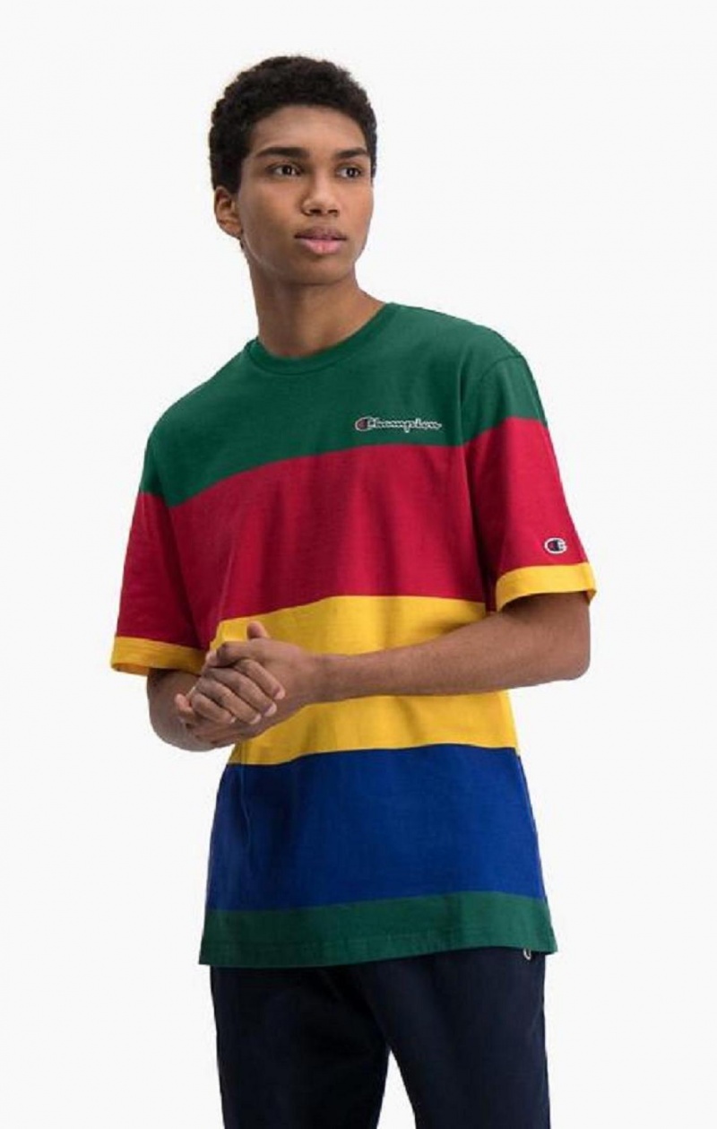 Champion Colour Block Stripe T-Shirt Tricko Panske Zelene Červené Žlté | 0562-KFQYO