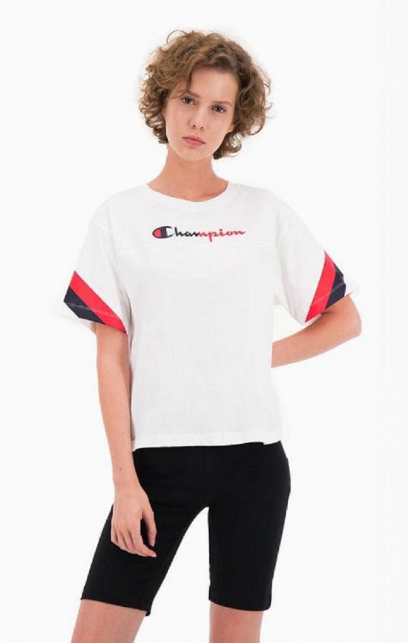 Champion Contrast Logo Stripe Jersey Top Tricko Damske Biele | 6271-MYKXL