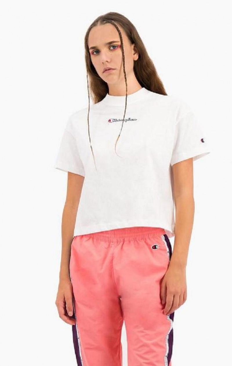 Champion Cropped Script Logo T-Shirt Tricko Damske Biele | 9152-PVTDL