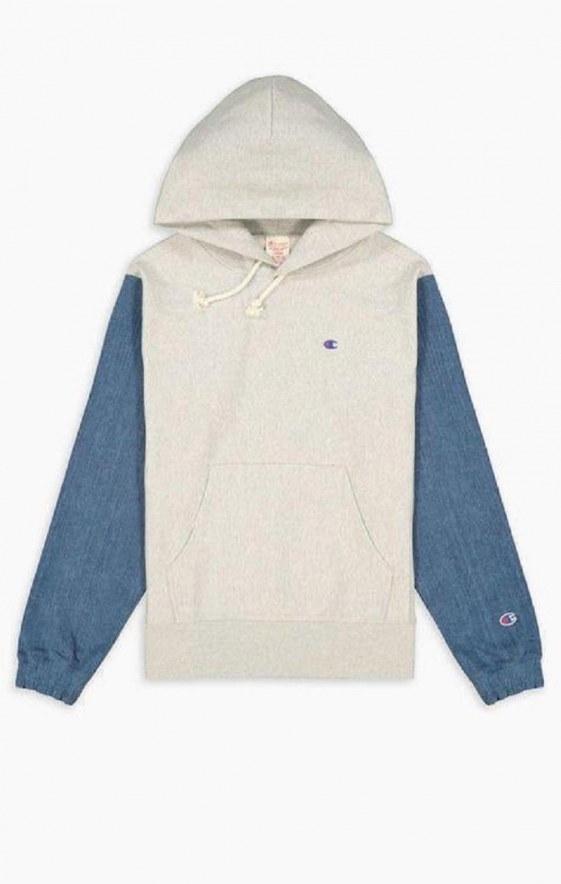 Champion Denim Sleeve Reverse Weave Hoodie Mikina s Kapucnou Panske Svetlo Siva | 7365-SQHET