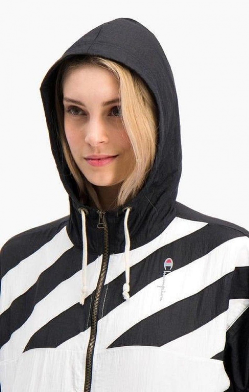 Champion Diagonal Stripe S Kapucňou Rain Jacket Bundy Damske Čierne Biele | 0367-ODBHT