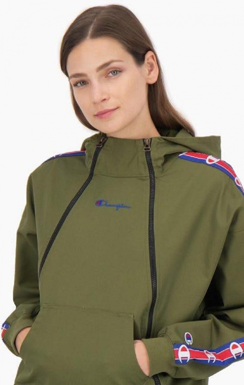 Champion Double Zip Logo Tape Utility S Kapucňou Jacket Mikina s Kapucnou Damske Olivovo Zelená Zelene | 8964-JPEBG