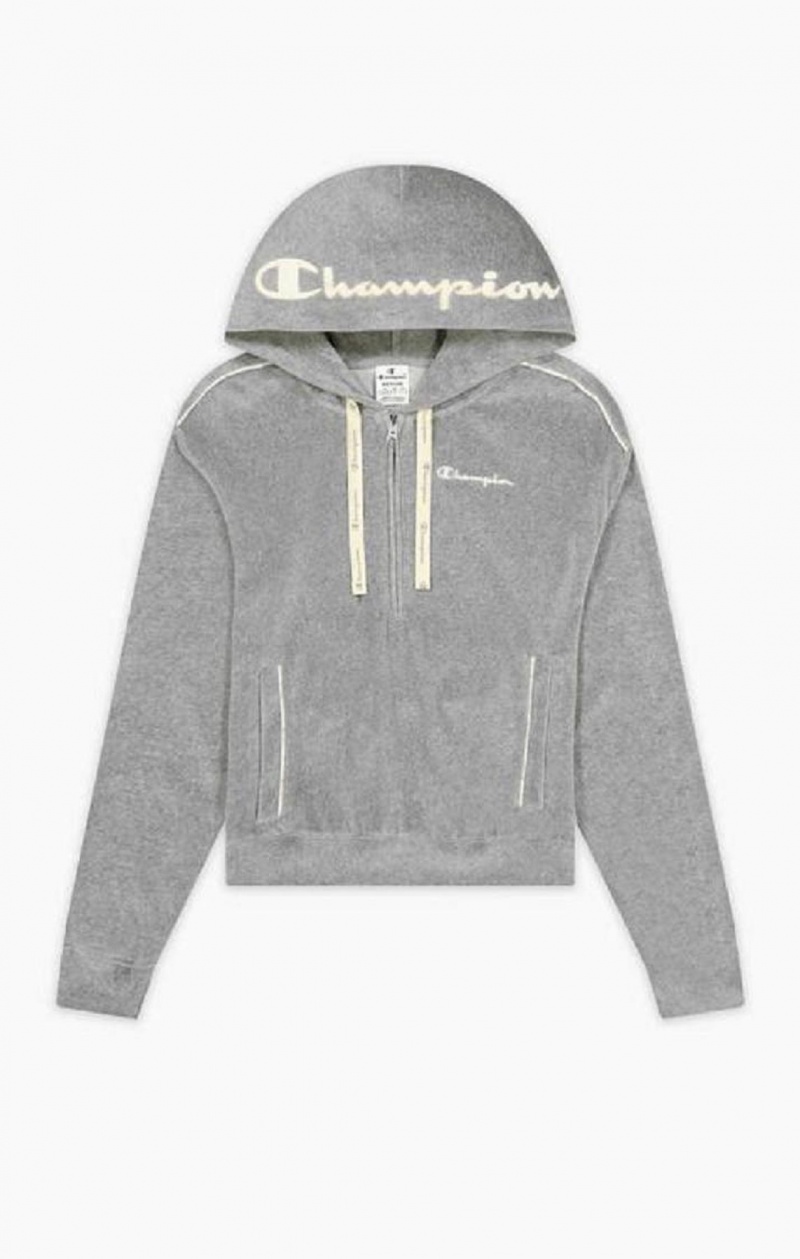 Champion Embroidered Logo Half Zip-Up Velour Hoodie Mikina s Kapucnou Damske Svetlo Siva | 0857-AKJYN