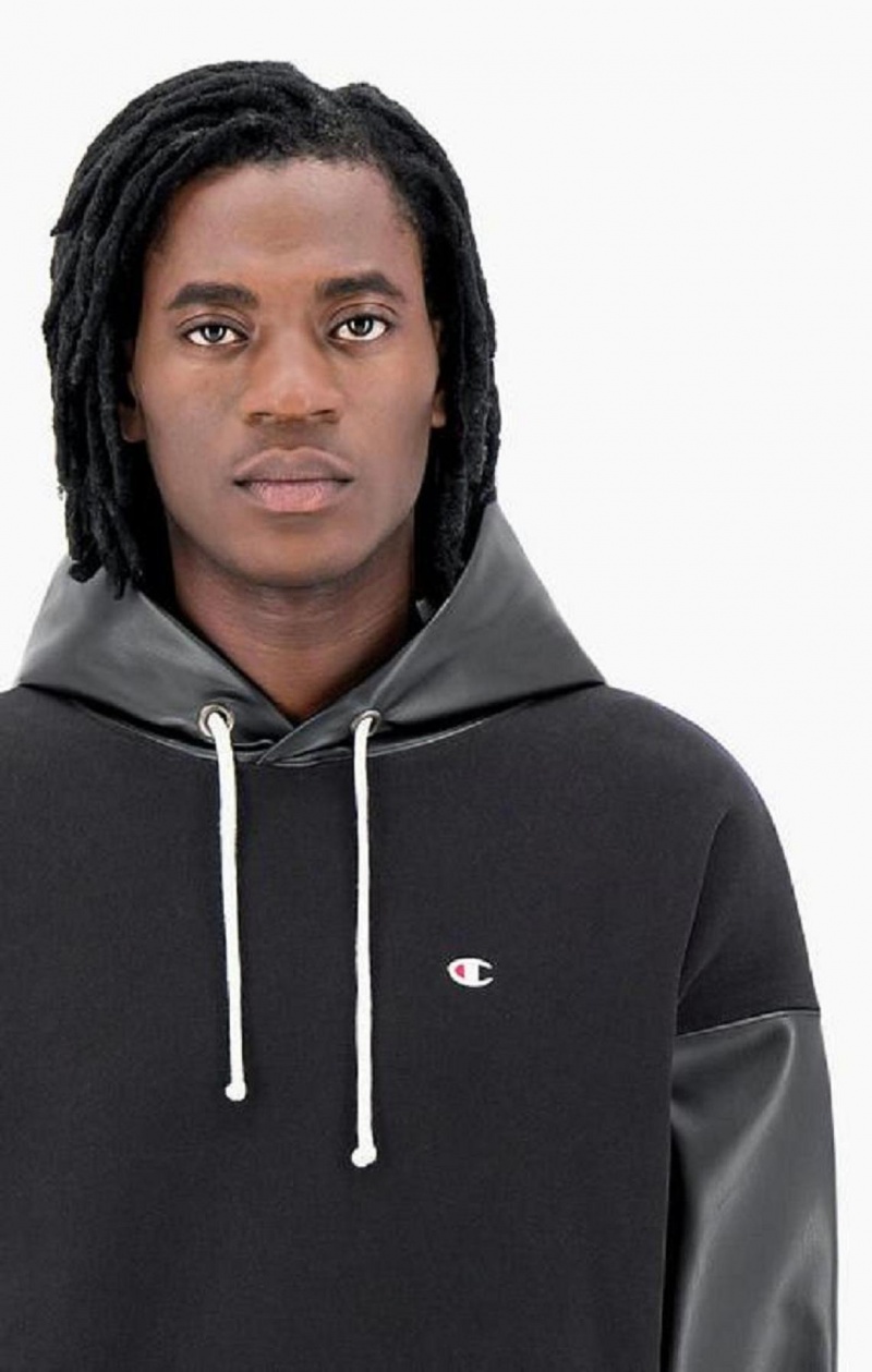 Champion Faux Kozene Panel Reverse Weave Hoodie Mikina s Kapucnou Panske Čierne | 7516-AZHVD