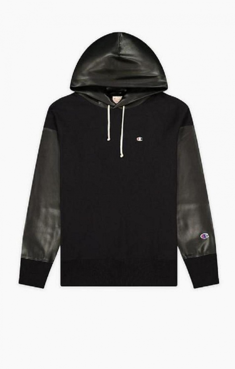 Champion Faux Kozene Panel Reverse Weave Hoodie Mikina s Kapucnou Panske Čierne | 7516-AZHVD