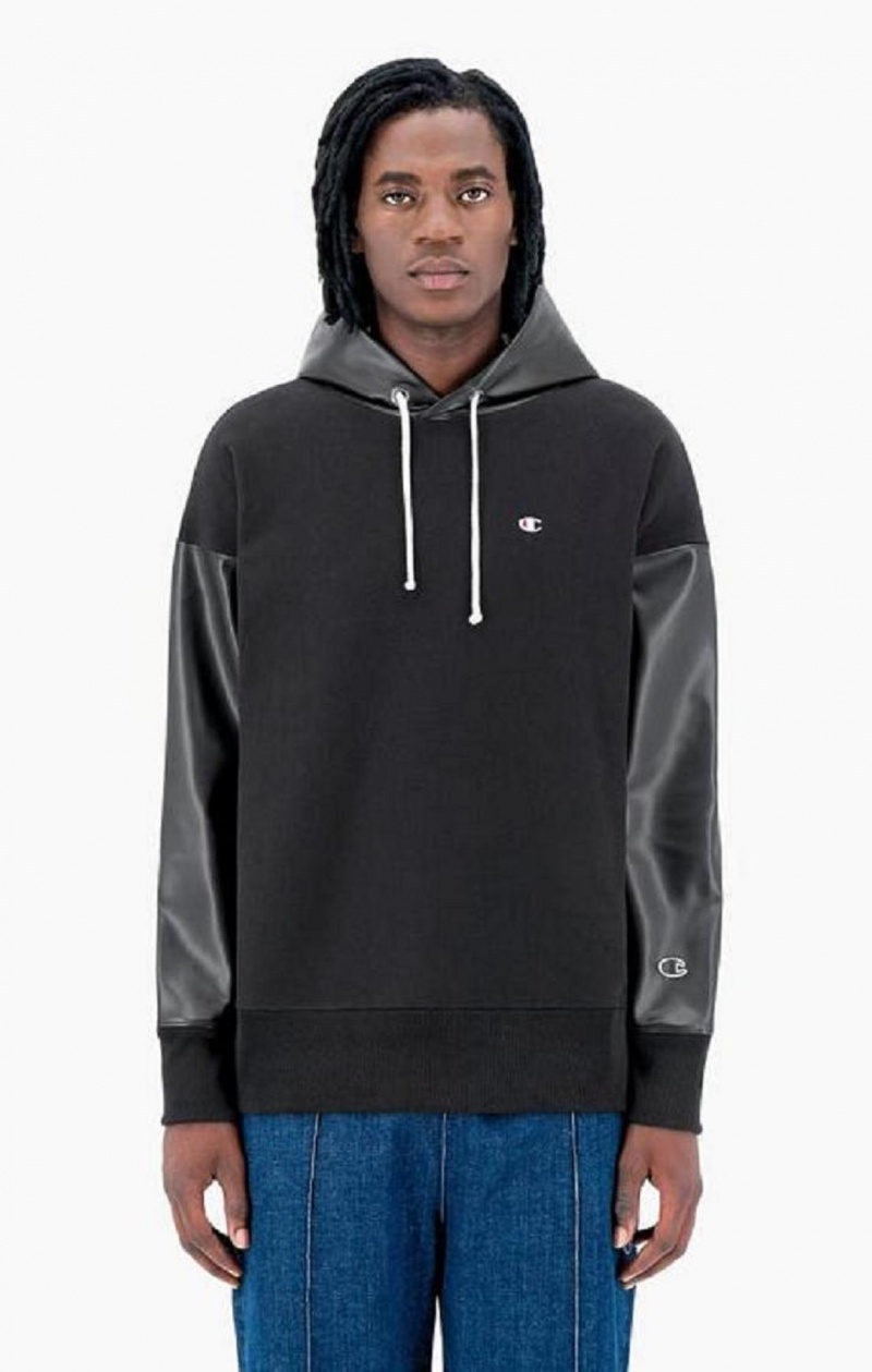 Champion Faux Kozene Panel Reverse Weave Hoodie Mikina s Kapucnou Panske Čierne | 7516-AZHVD