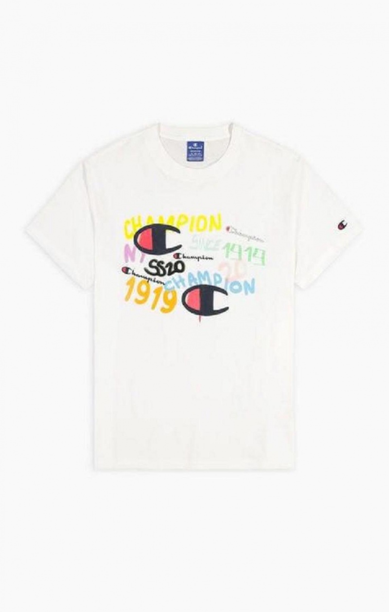 Champion Graffiti Logo Print T-Shirt Tricko Panske Biele | 6057-PWSGT