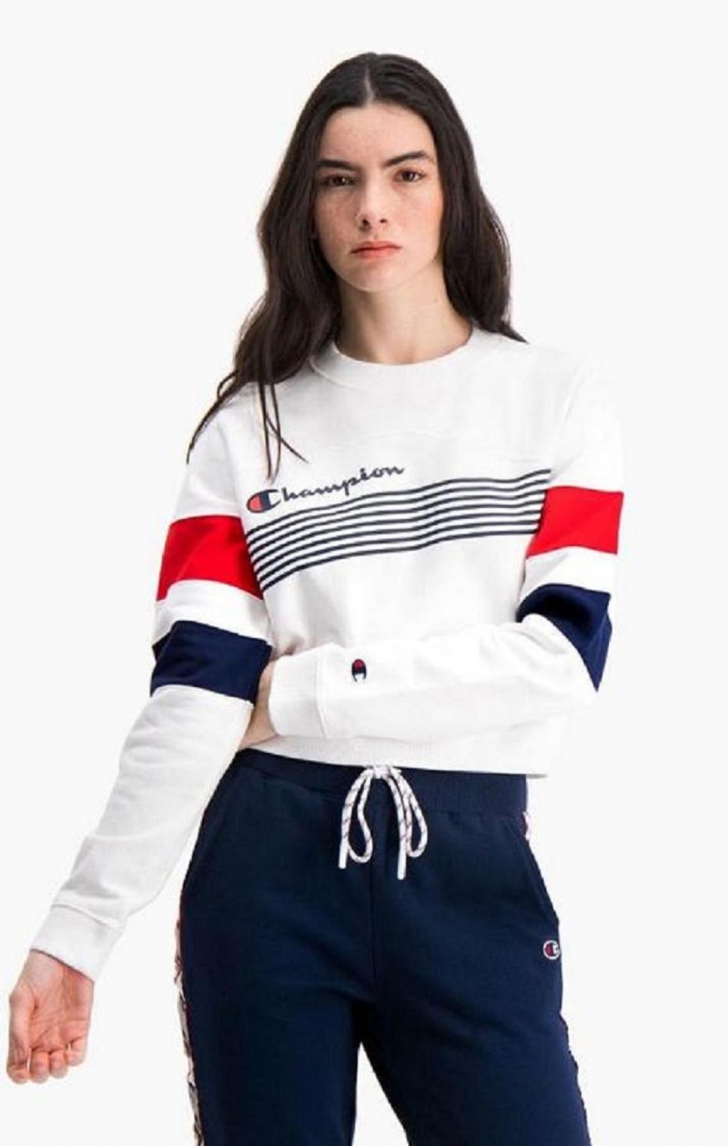 Champion Grafika Stripe And Colour Block Cropped Sweatshirt Mikiny Damske Biele | 9742-KMWPA