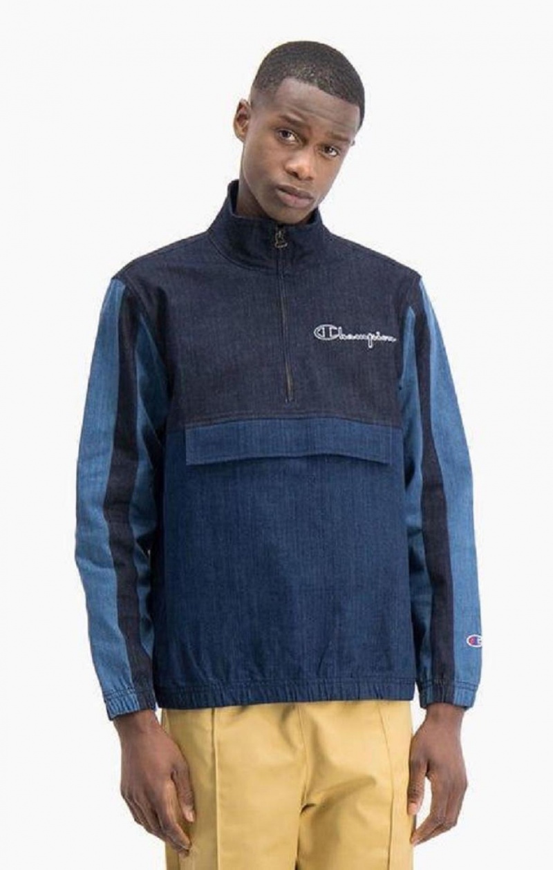 Champion Half Zip-Up Denim Patchwork Sweatshirt Mikiny Panske Tyrkysové Modre | 7641-DUXKB