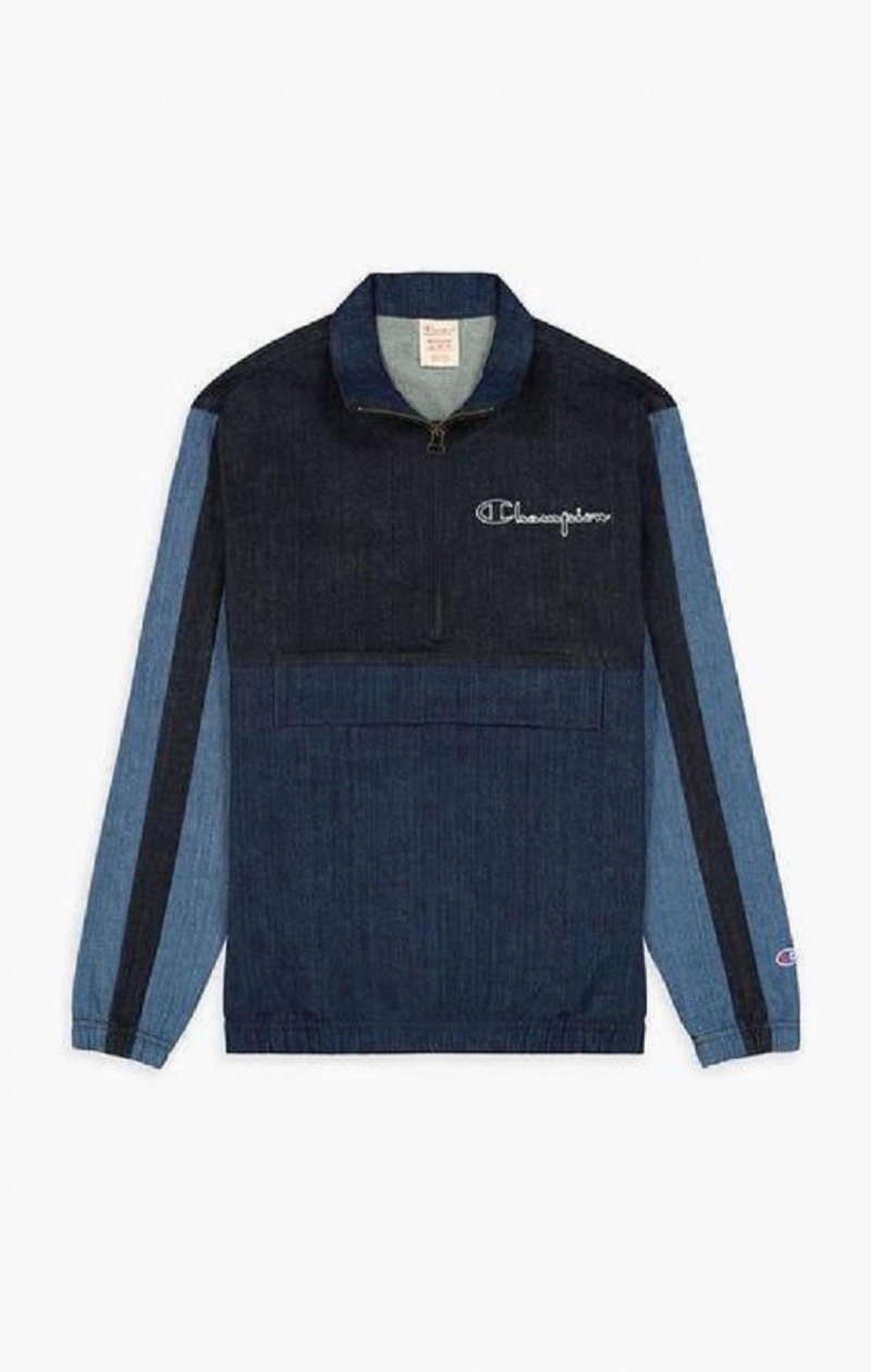 Champion Half Zip-Up Denim Patchwork Sweatshirt Mikiny Panske Tyrkysové Modre | 7641-DUXKB