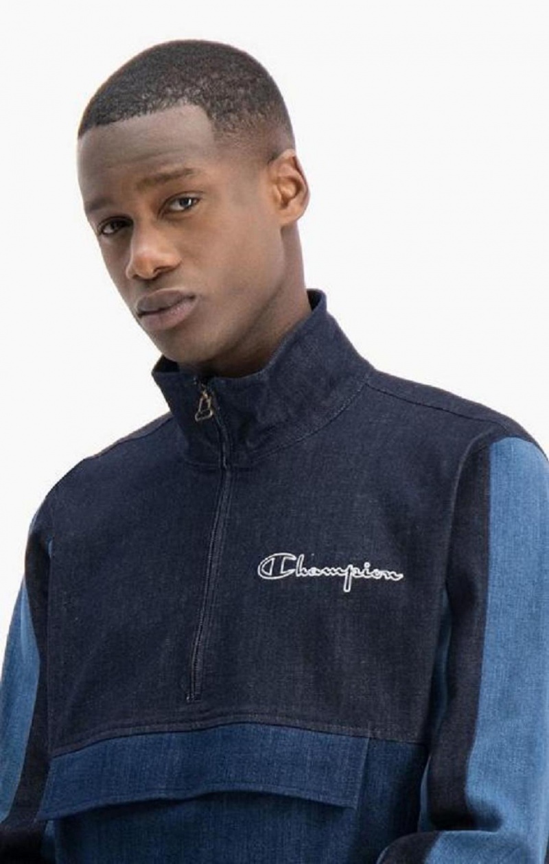 Champion Half Zip-Up Denim Patchwork Sweatshirt Mikiny Panske Tyrkysové Modre | 7641-DUXKB