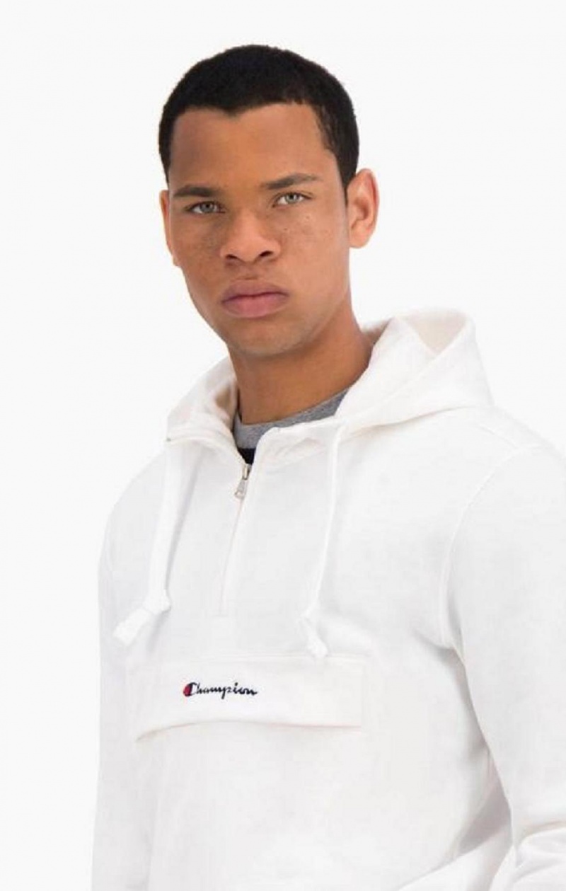 Champion Half Zip-Up Flap Pocket Fleece Hoodie Mikina s Kapucnou Panske Biele | 2615-NMXLR