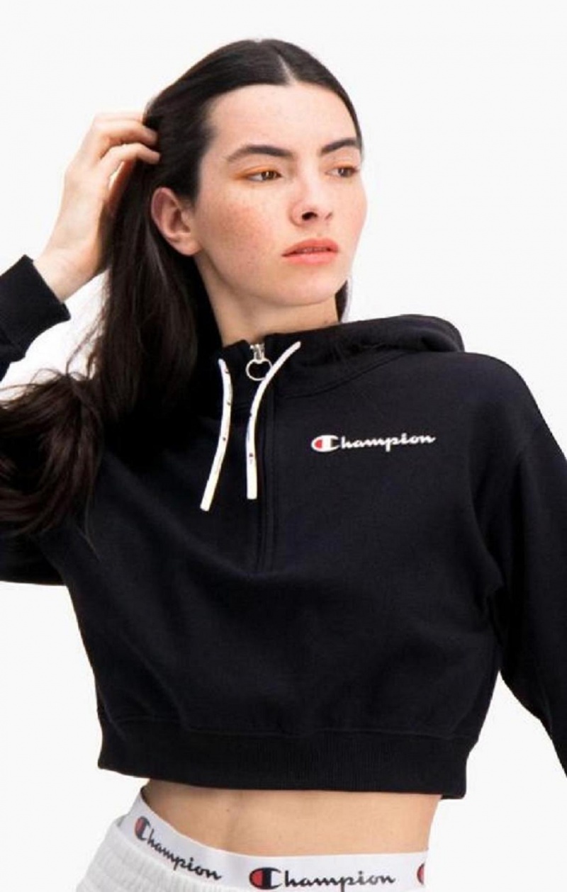 Champion Half Zip-Up Script Logo Arm Hoodie Mikina s Kapucnou Damske Čierne | 9203-AIYFD