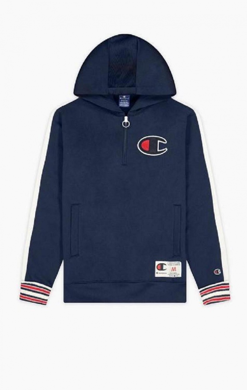 Champion Half Zip-Up Stripe Sleeve Basketball Sweatshirt Mikina s Kapucnou Panske Modre | 6291-EDRXJ