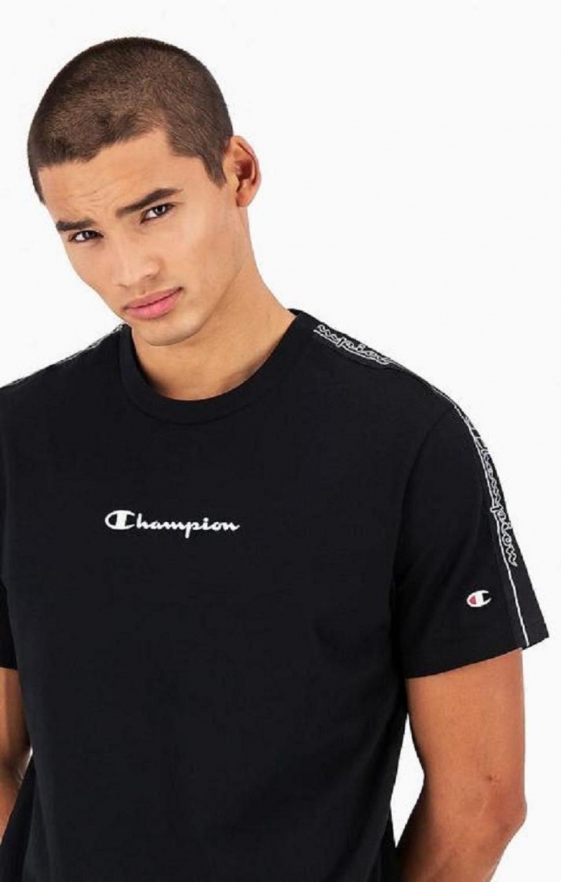 Champion Jacquard Logo Tape T-Shirt Tricko Panske Čierne | 8301-DWXUK