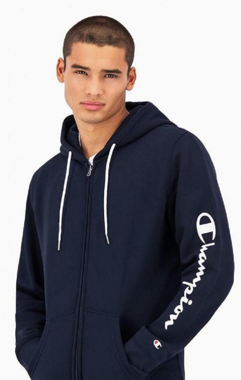 Champion Logo Sleeve Zip-Up Fleece Hoodie Mikina s Kapucnou Panske Tmavo Modre | 3274-BXZWQ