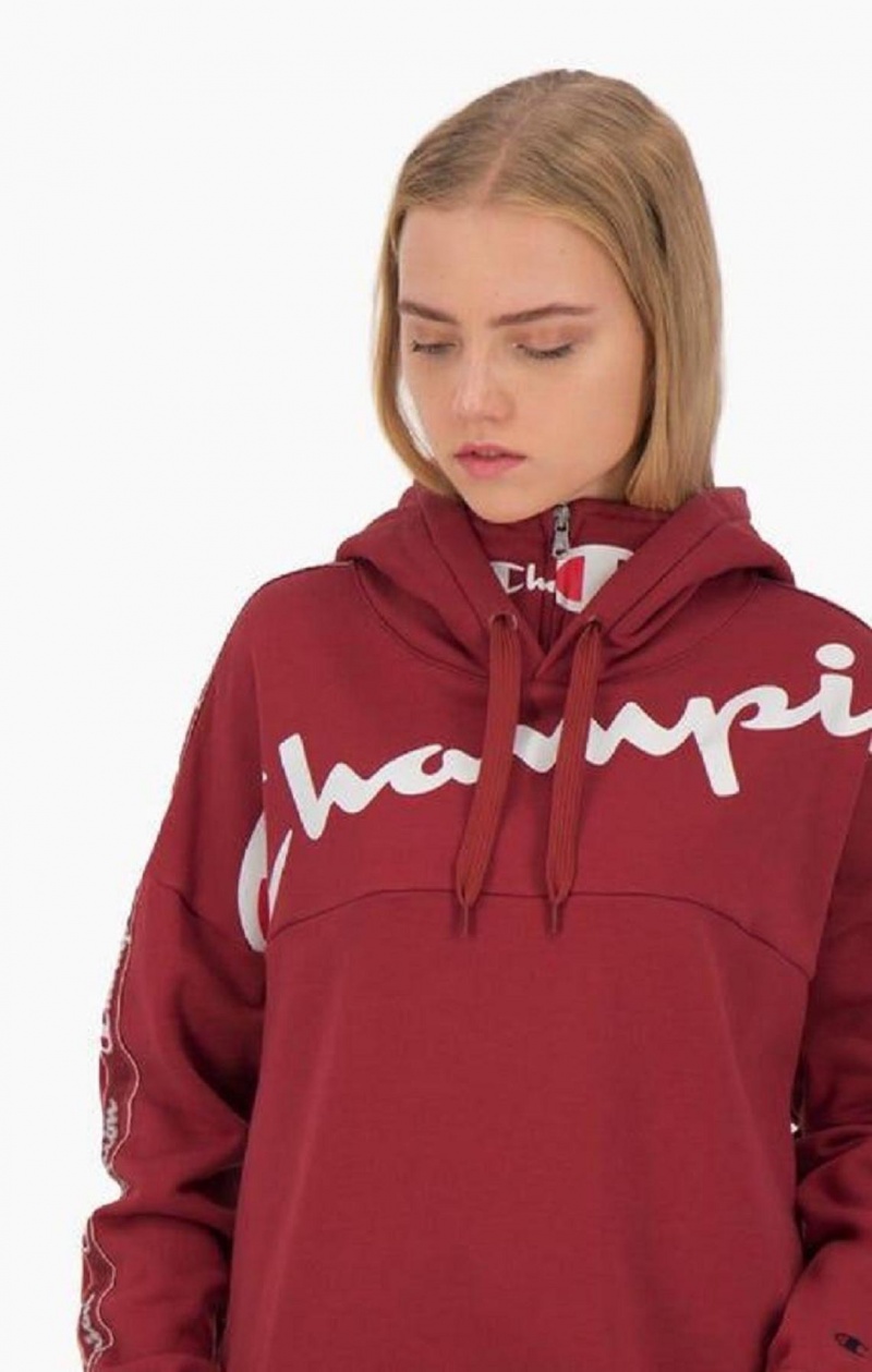 Champion Logo Tape High Neck Script Logo Hoodie Mikina s Kapucnou Damske Červené | 3241-VWROY