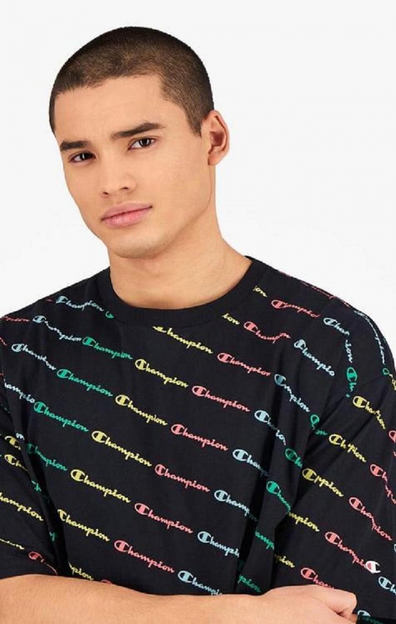 Champion Pastel All-Over Script Logo Print T-Shirt Tricko Panske Čierne | 6290-KJUZN