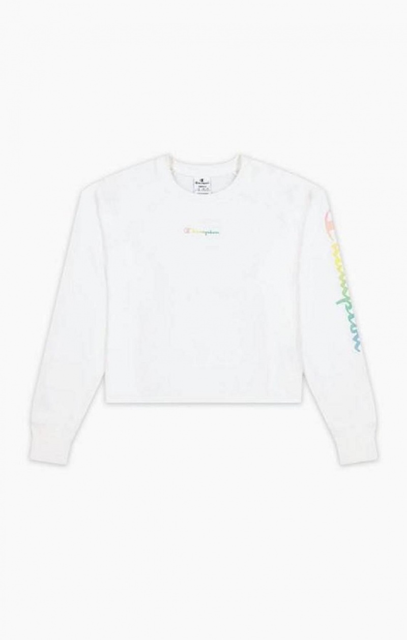 Champion Rainbow Script Logo Print Cropped Sweatshirt Mikiny Damske Biele | 9357-HNEMK