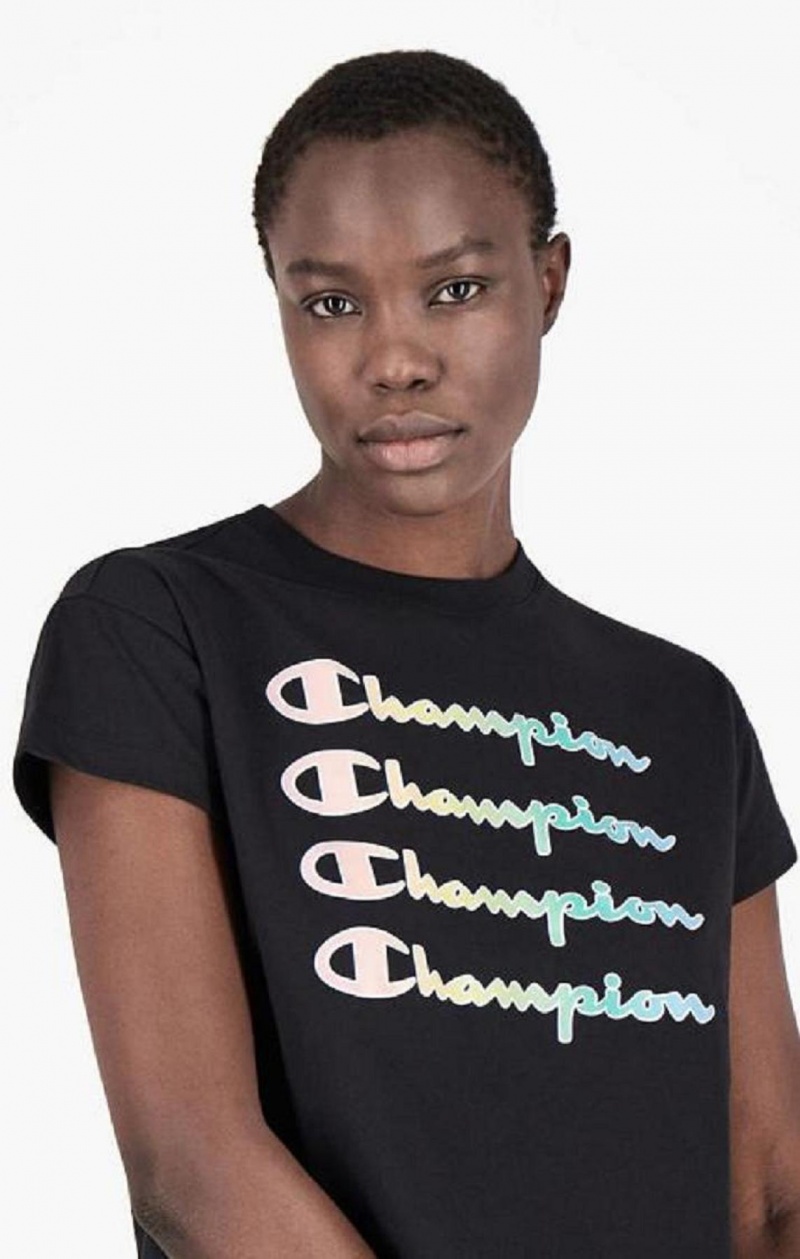 Champion Rainbow Script Logo Print T-Shirt Tricko Damske Čierne | 2617-EONJT