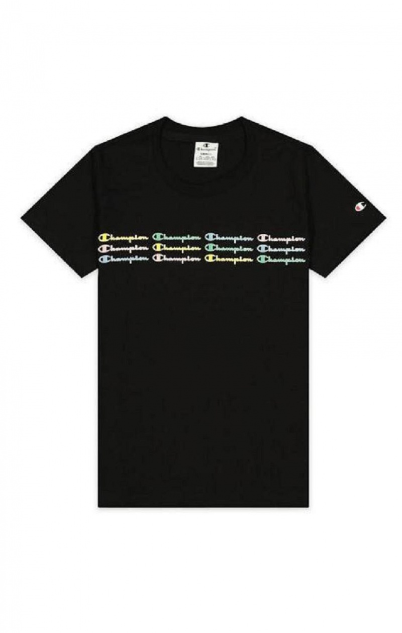 Champion Rainbow Script Logo Print T-Shirt Tricko Damske Čierne | 9601-UEQRJ