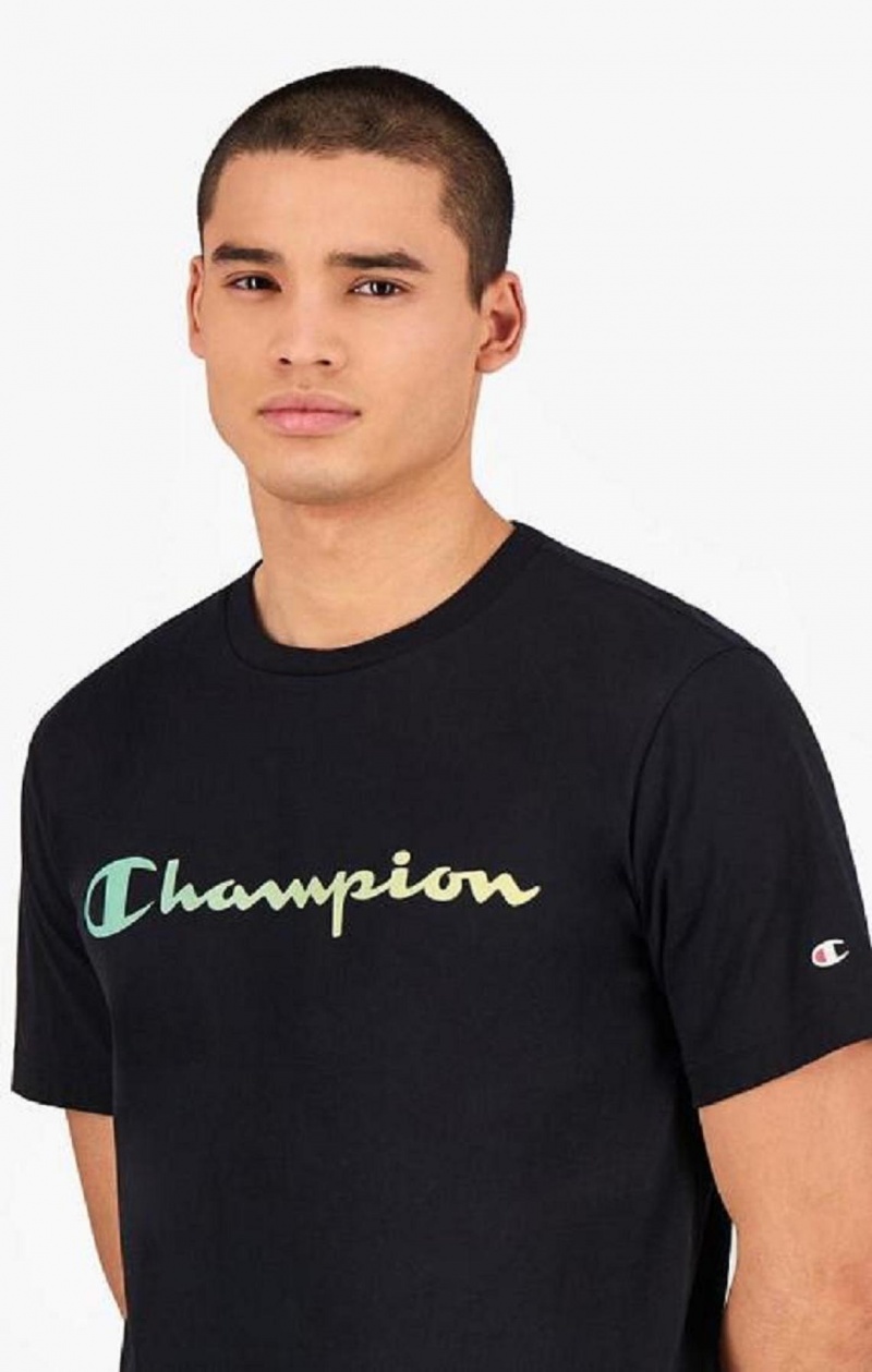 Champion Rainbow Script Logo T-Shirt Tricko Panske Čierne | 3921-IQZXK