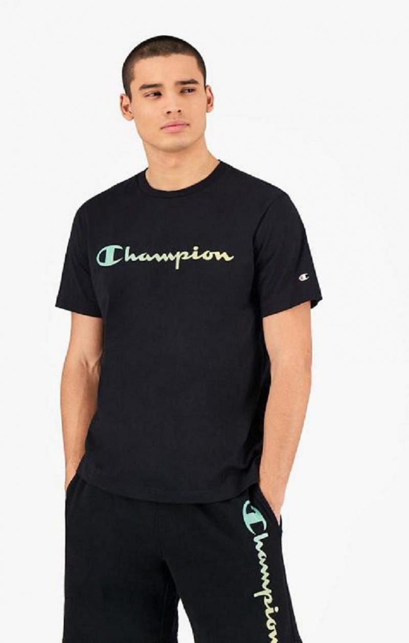 Champion Rainbow Script Logo T-Shirt Tricko Panske Čierne | 3921-IQZXK