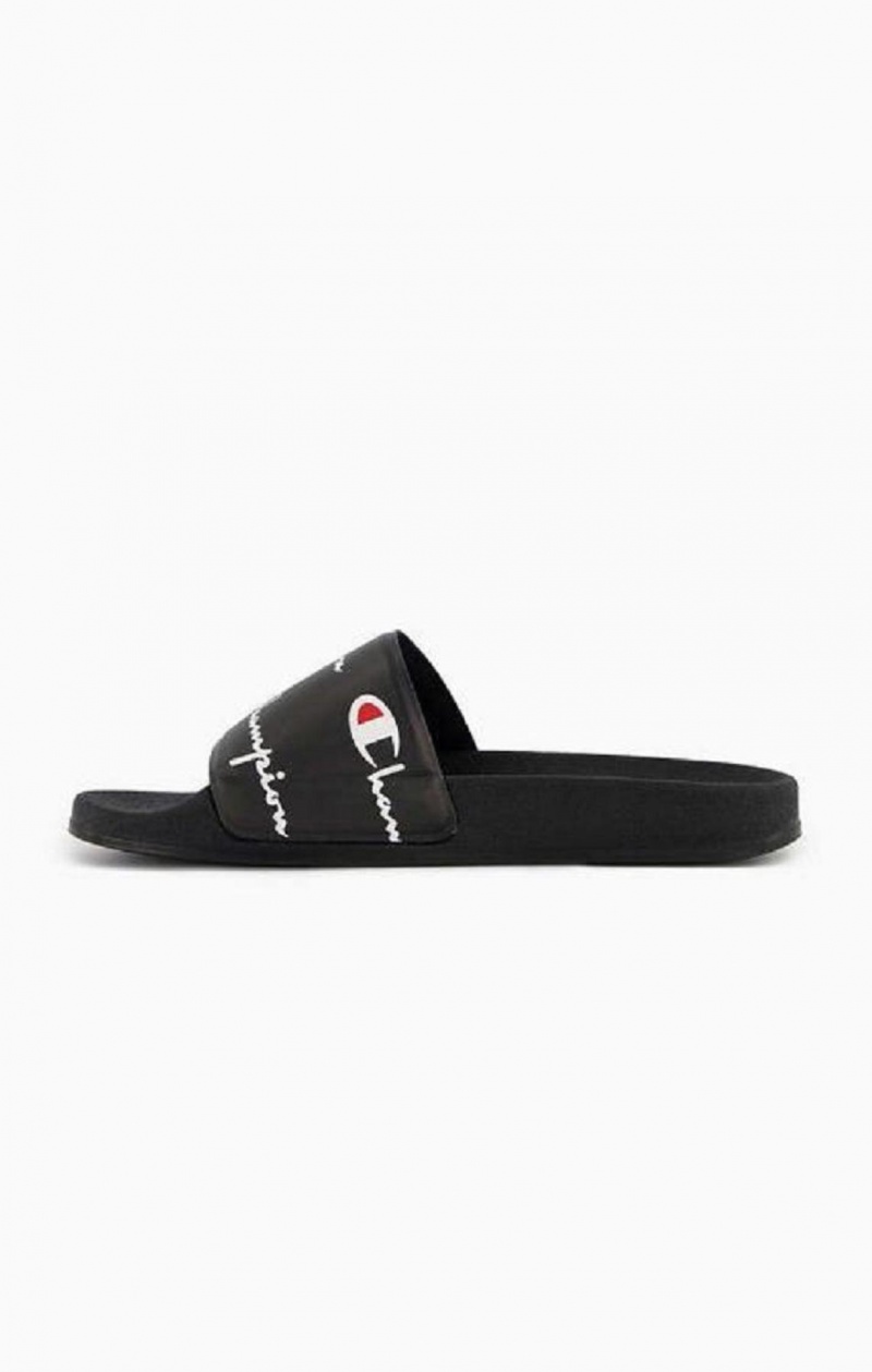 Champion Repeat Script Logo Print Pool Slides Slapky Panske Čierne | 0426-IZYDM