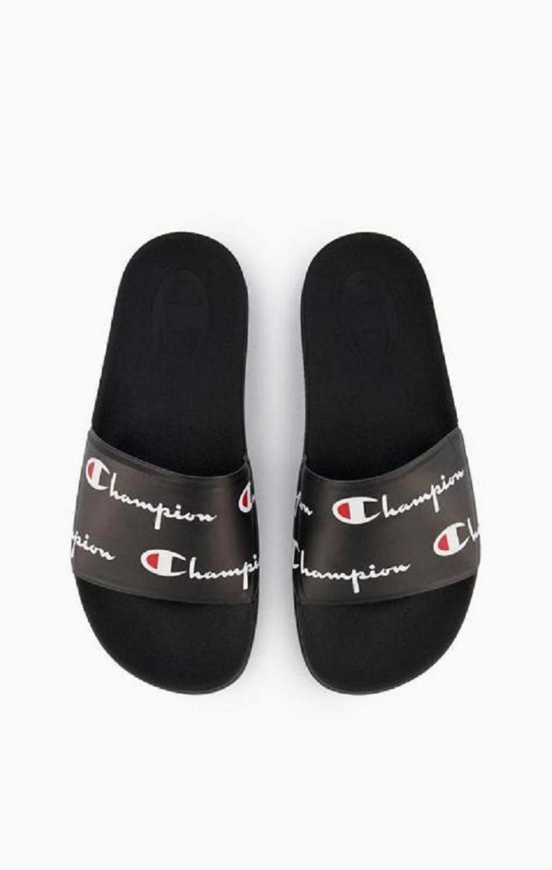 Champion Repeat Script Logo Print Pool Slides Slapky Panske Čierne | 0426-IZYDM