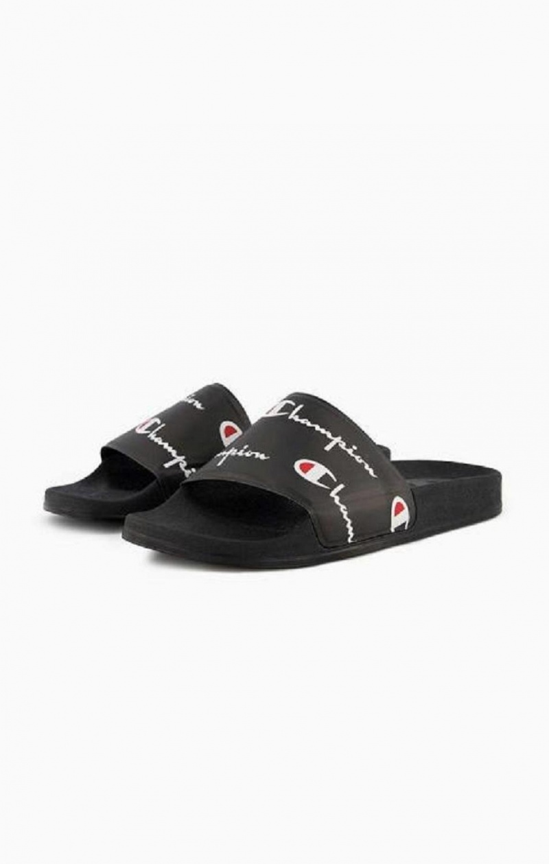 Champion Repeat Script Logo Print Pool Slides Slapky Panske Čierne | 0426-IZYDM