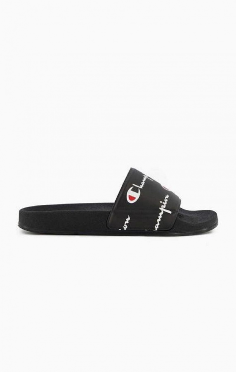 Champion Repeat Script Logo Print Pool Slides Slapky Panske Čierne | 0426-IZYDM