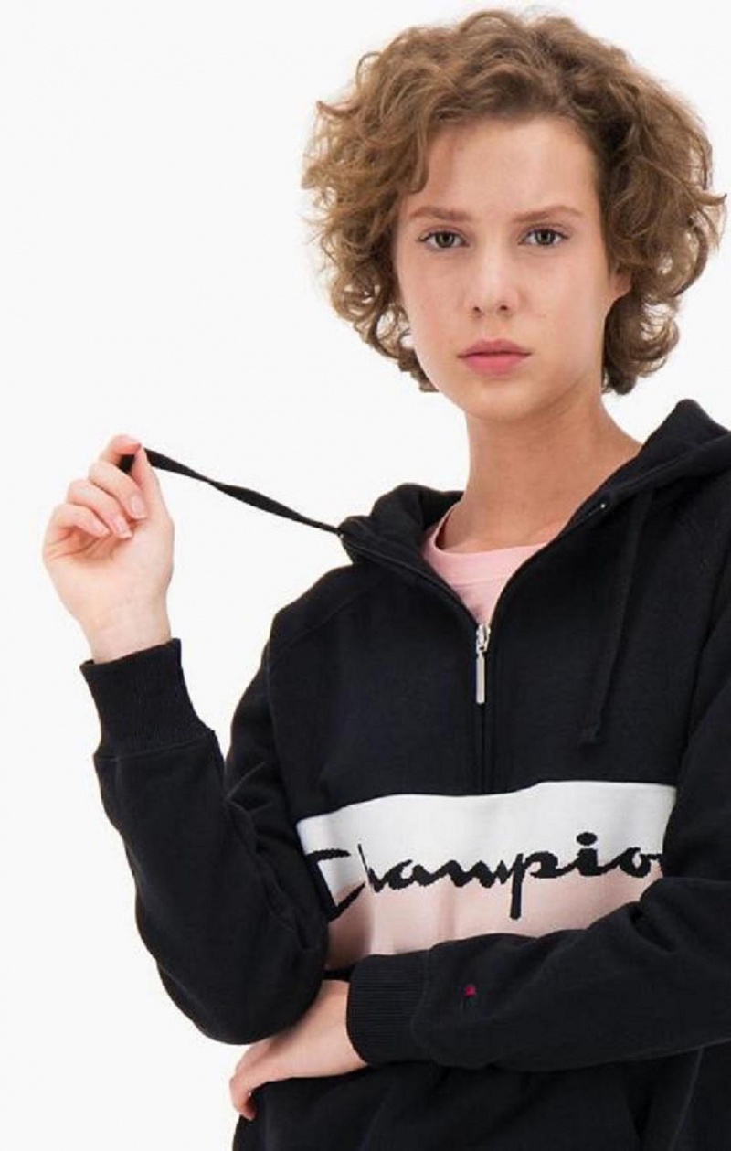 Champion Rib Insert Script Logo Half Zip-Up Hoodie Mikina s Kapucnou Damske Čierne | 2436-DRBQX