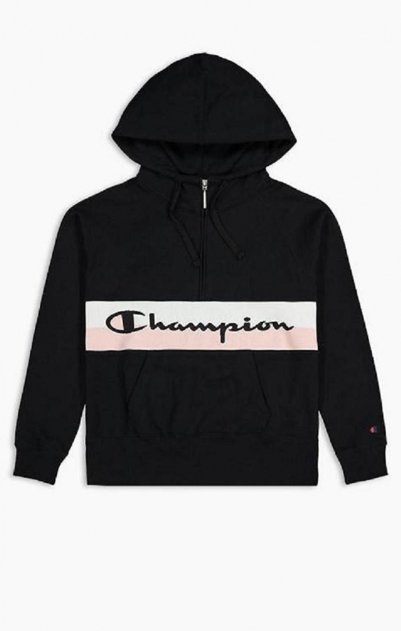 Champion Rib Insert Script Logo Half Zip-Up Hoodie Mikina s Kapucnou Damske Čierne | 2436-DRBQX