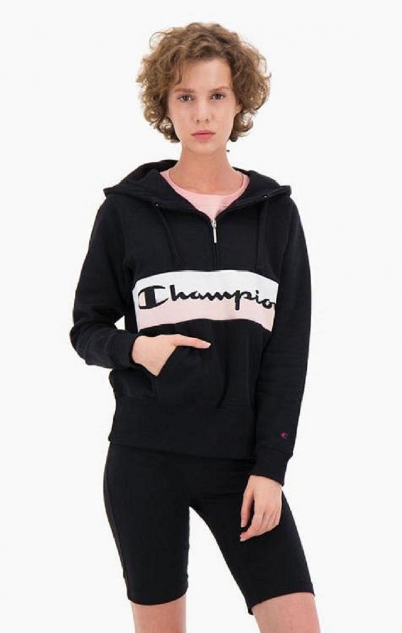 Champion Rib Insert Script Logo Half Zip-Up Hoodie Mikina s Kapucnou Damske Čierne | 2436-DRBQX