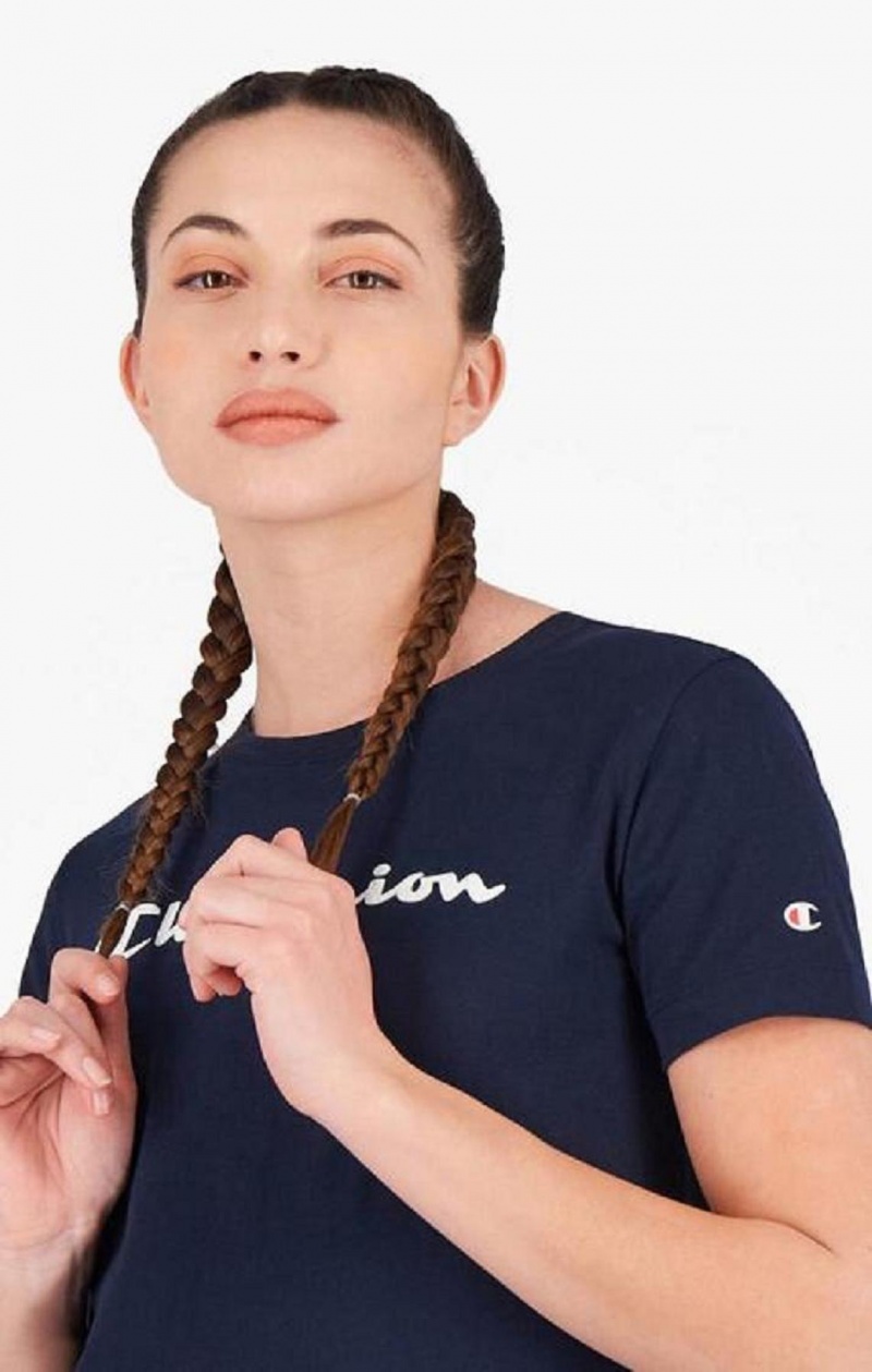 Champion Rubber Script Logo T-Shirt Tricko Damske Tmavo Modre | 7504-AVFHL