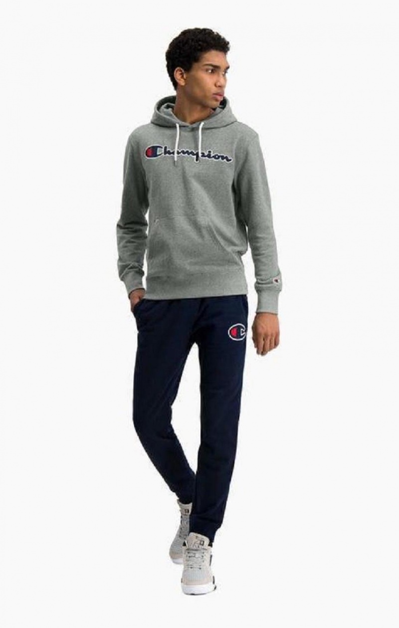 Champion Satin Script Logo Bavlnene Terry Hoodie Mikina s Kapucnou Panske Tmavo Siva | 6180-CDPFG