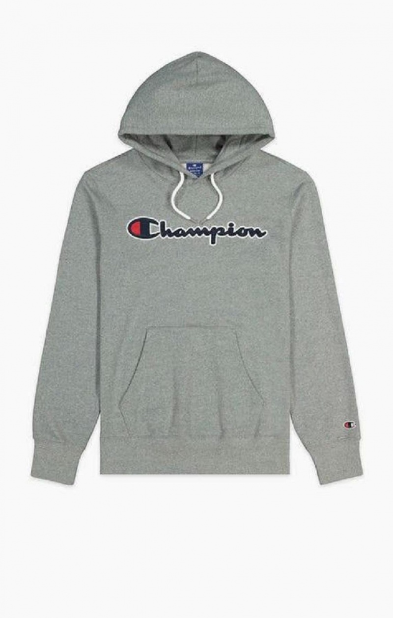 Champion Satin Script Logo Bavlnene Terry Hoodie Mikina s Kapucnou Panske Tmavo Siva | 6180-CDPFG