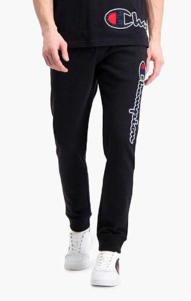 Champion Satin Script Logo Bavlnene Terry Joggers Jogger Nohavice Panske Čierne | 7342-GFVRL