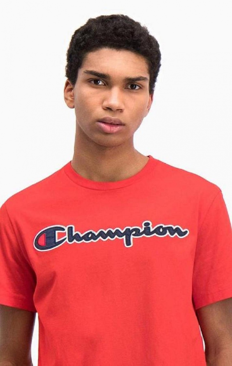 Champion Satin Script Logo T-Shirt Tricko Panske Červené | 3410-NSMDY