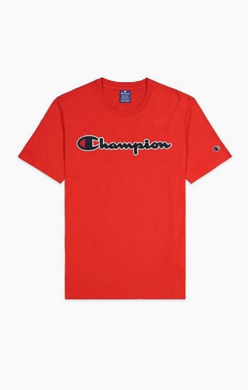 Champion Satin Script Logo T-Shirt Tricko Panske Červené | 3410-NSMDY