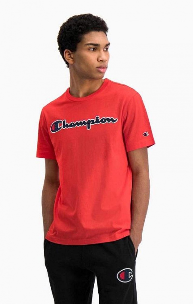 Champion Satin Script Logo T-Shirt Tricko Panske Červené | 3410-NSMDY