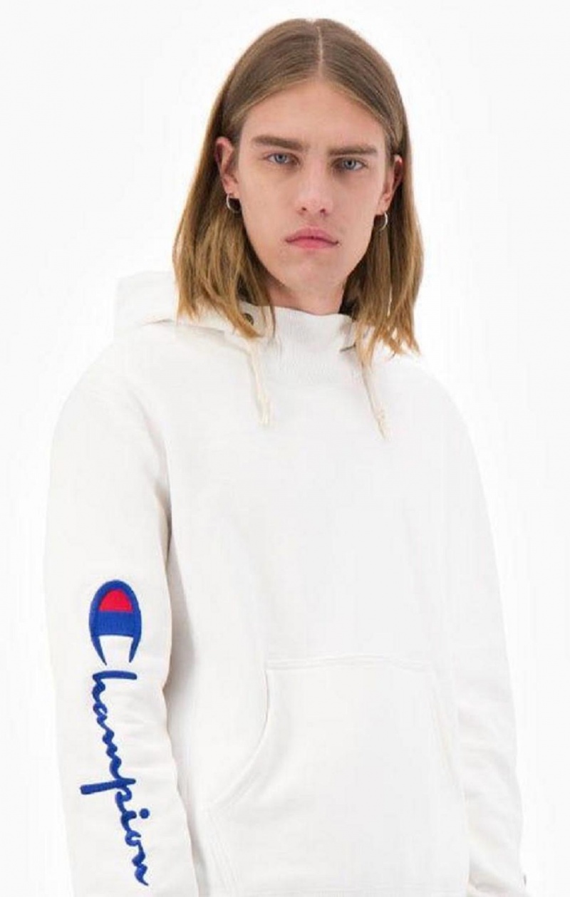 Champion Script Logo Arm Reverse Weave Hoodie Mikina s Kapucnou Panske Biele | 3658-RXNHB